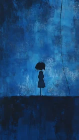 Solitary silhouetted figure against textured blue field.