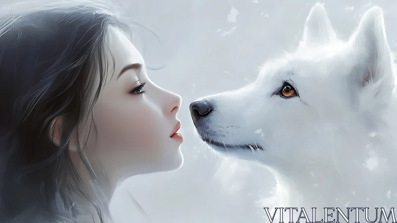 Woman and white dog face to face in soft winter light.