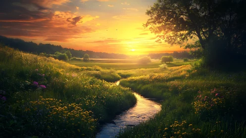 Sunlit meadow stream glows beneath vivid golden sunset.