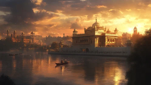 Golden riverside palace glows in dramatic sunset light.