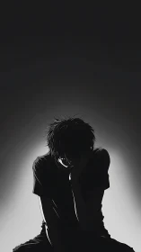 Midnight thoughts press heavy as a lone figure folds inward