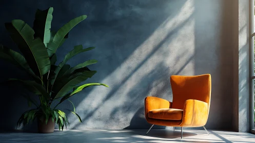 Sunlit velvet lounge chair contrasts with textured concrete wall