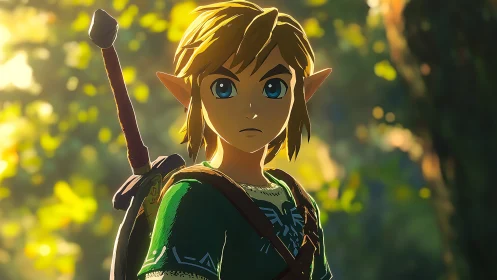 Elf warrior stands alert in sunlit forest clearing