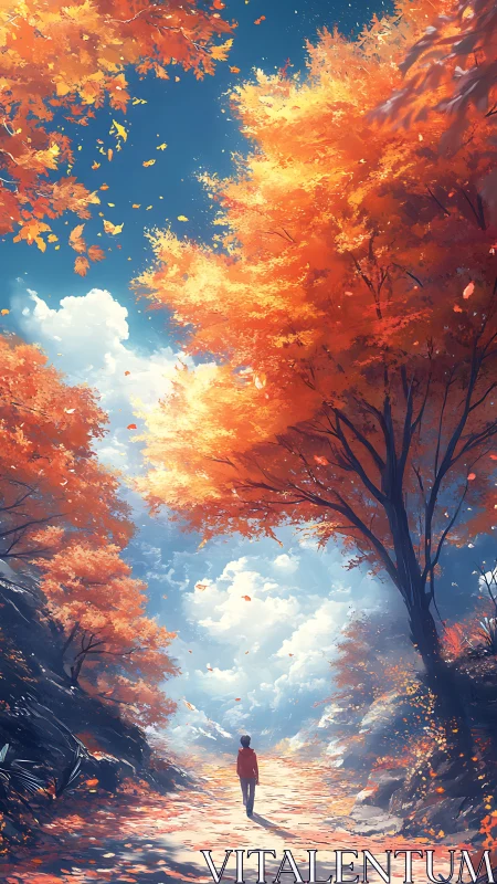 Solitary figure walks along tree-lined autumn forest path