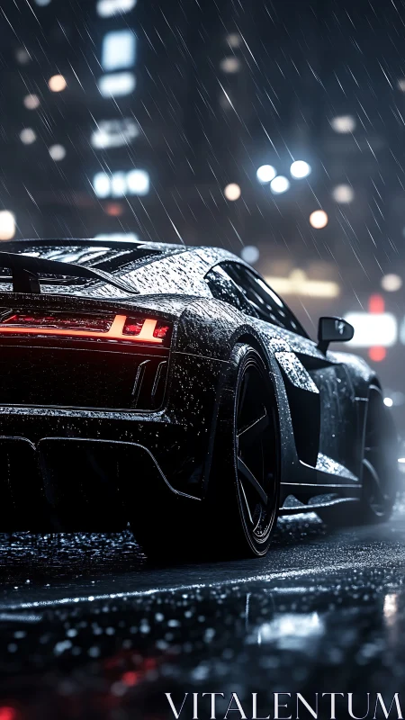 Sleek black supercar cuts through neon city rain at night