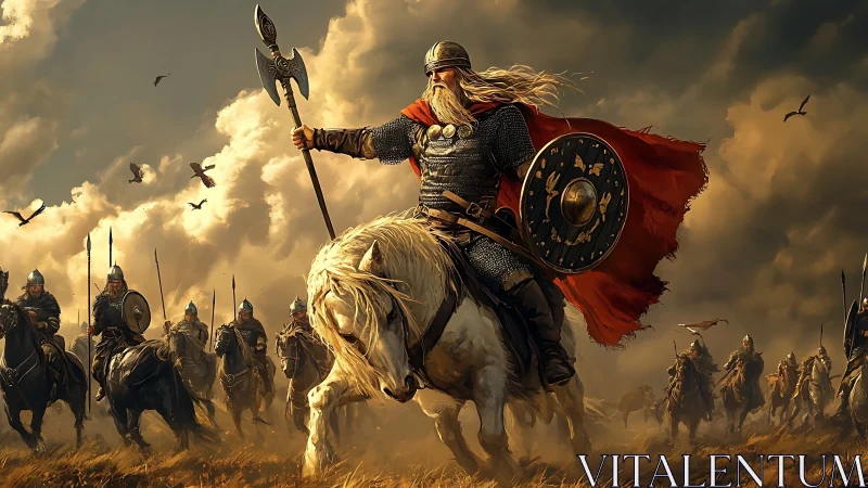 Storm-lit Viking warband rides boldly across wild plains