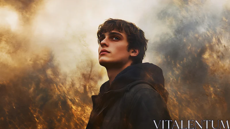 Storm-lit wanderer gazes skyward through swirling embers.