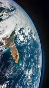 Satellite view of Earth with coastline, ocean and clouds.