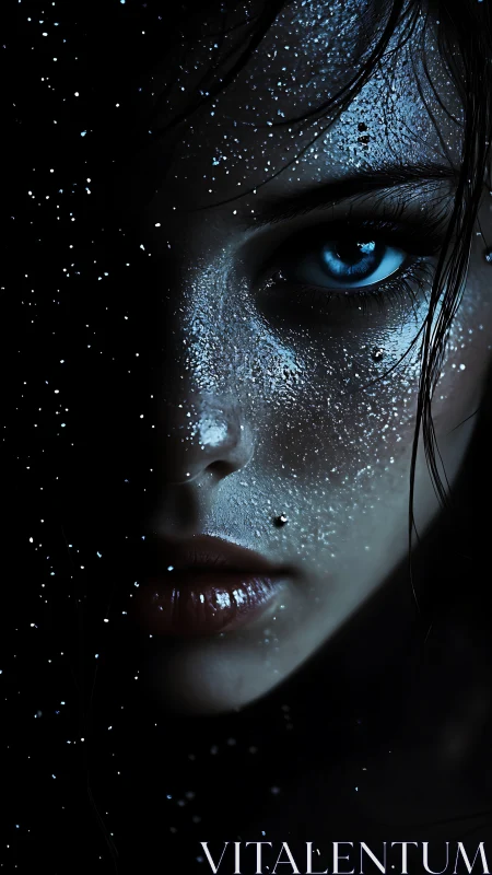 High-contrast portrait isolates wet skin microtexture and luminous iris