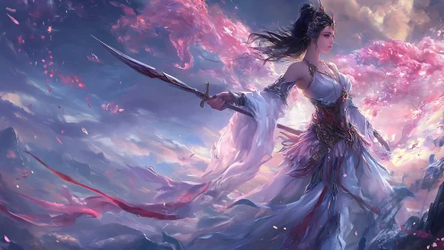 Skyborne warrior goddess with flowing silk amidst pink clouds