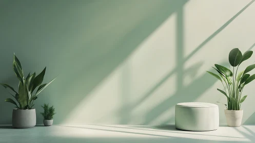 Green wall interior shows potted plants and round ottoman