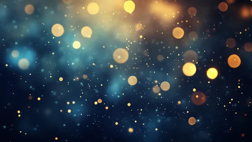 Abstract golden bokeh lights on dark blue background, digital art.