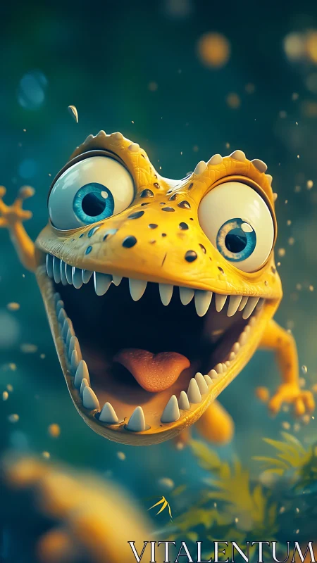 Wide eyed dino sprite lunges forward in gleeful chaos.