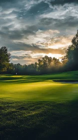Photorealistic sunset golf green with cinematic light gradients.