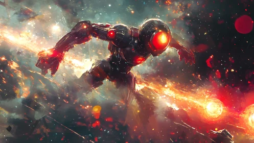 Cosmic battle mech dives through blazing stellar firestorm.