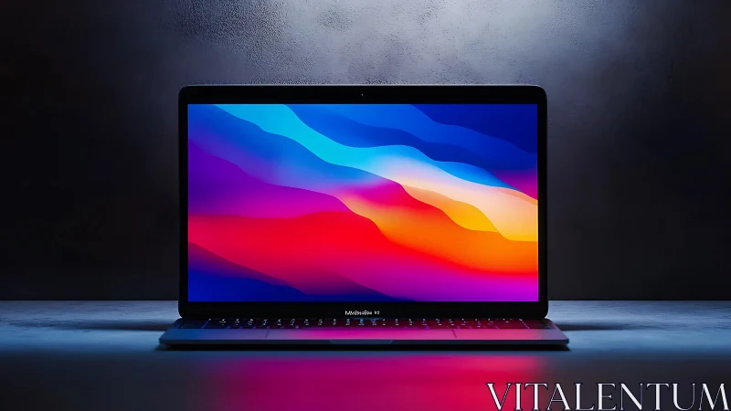 Sleek laptop with vivid gradient display on dark desk.