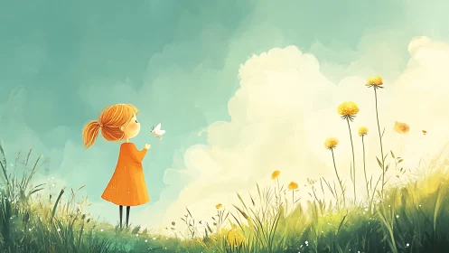 Little girl in orange dress watches a butterfly in sunlight