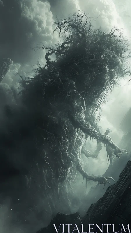 Towering mist-wreathed tree spirit rising through clouds.