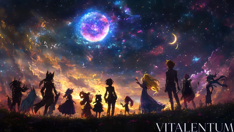 Silhouetted fantasy group under vivid cosmic night sky.