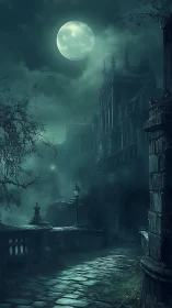 Moonlit gothic castle path under dense eerie fog.