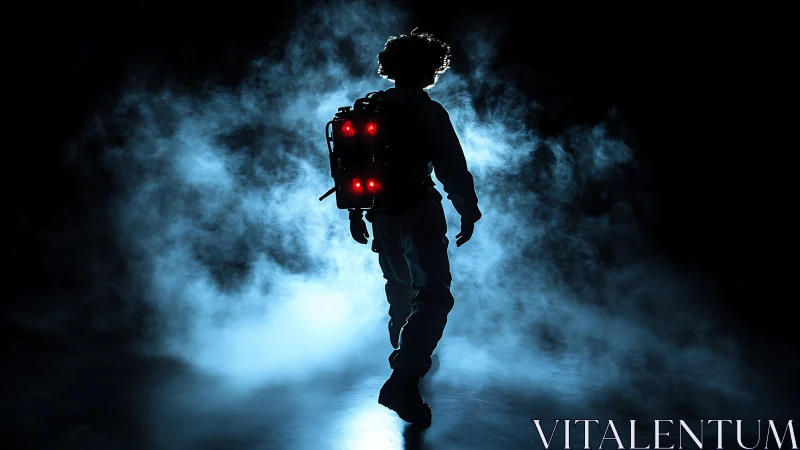 Silhouetted explorer walks through dense blue atmospheric fog