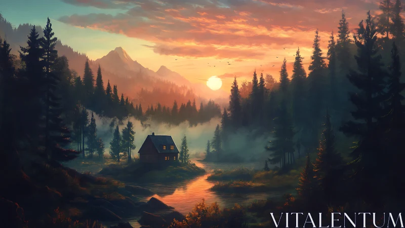 Sunset sanctuary cabin cradled by misty evergreen mountains.