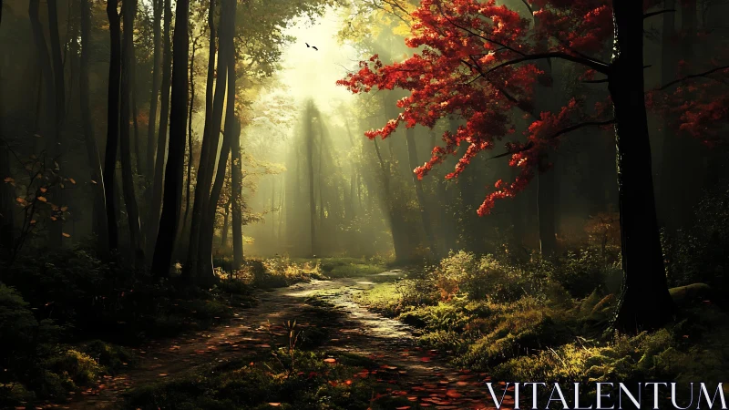 Autumn's Secret Path Through the Misty Forest.