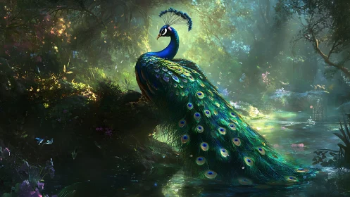 Regal peacock rests beside luminous forest water garden