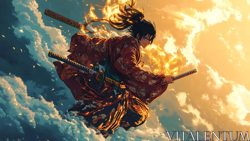 Skyborne samurai warrior wreathed in blazing sunset fire.
