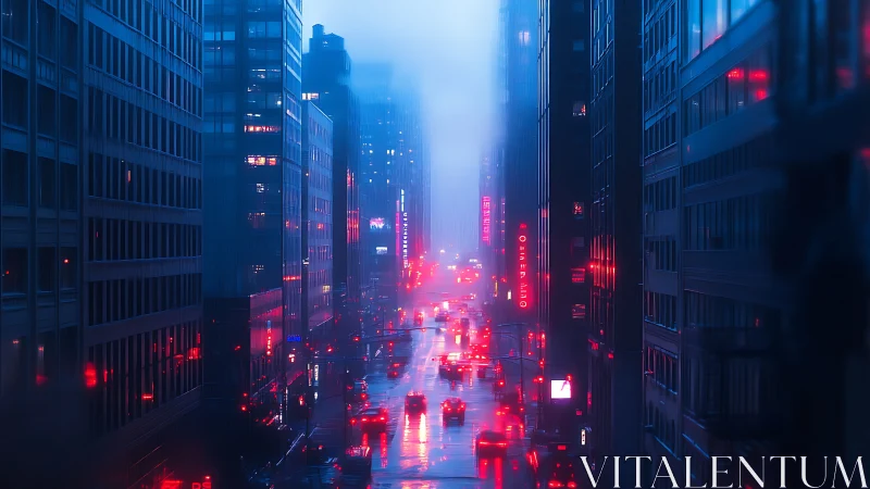 Neon rain braids a misty blue avenue into liquid circuitry