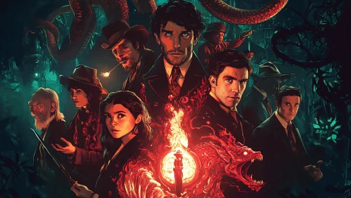 Group portrait shows armed figures with central fiery dragon form