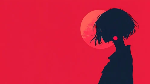 Crimson horizon cradles a quiet silhouette in lunar glow