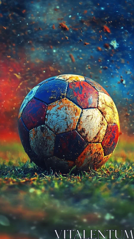 Battle-scarred cosmic football hums on a glowing night field