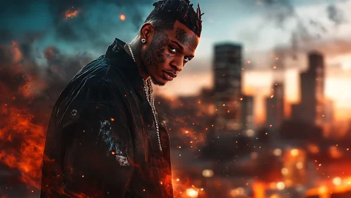 Tattooed man in dark jacket before blurred city skyline.