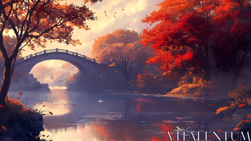 Bridge of burning leaves over a river of autumn hush.