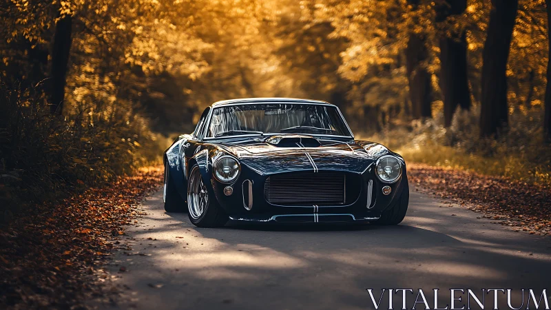 Classic sports car glides along a golden autumn forest road.