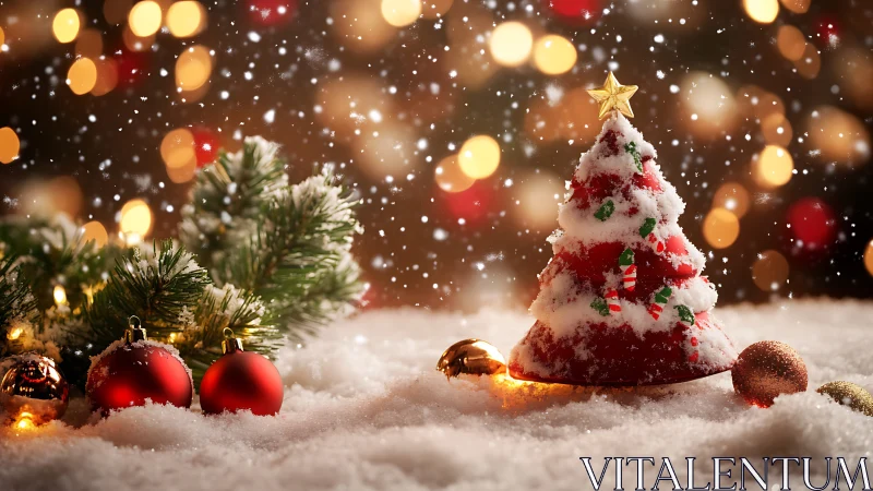 Snowy red Christmas tree glows gently in soft holiday lights