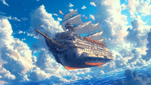 Flying ocean liner warship sails through radiant cloud sea.