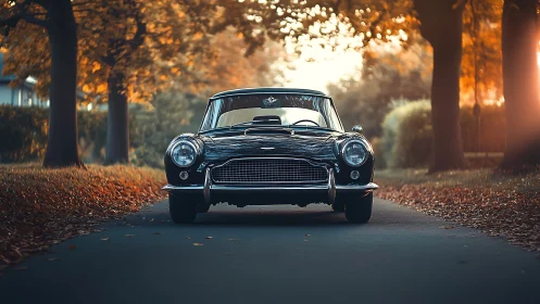 Classic coupe is centered on a tree-lined autumn road