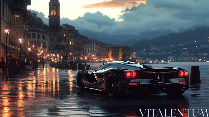 Black sports car on wet waterfront street at dusk.