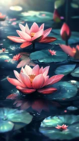 Pink lotus blossoms glow over deep teal reflective water.