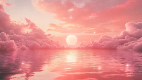 Pink celestial sunset illuminates calm reflective ocean horizon
