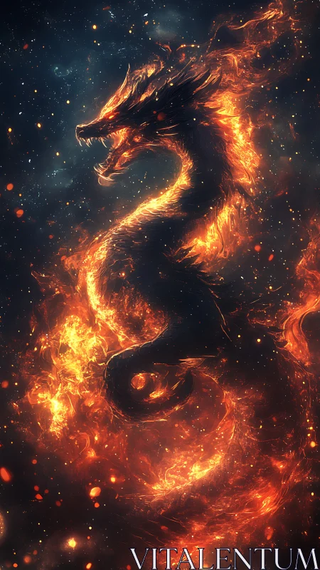 Fiery cosmic dragon coiled in a swirling nebula blaze.