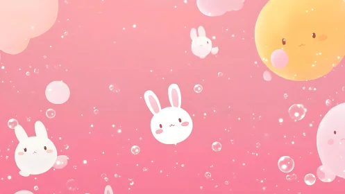 Floating pastel bunny characters drift through pink bubbles.