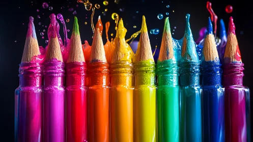 Colorful pencils splash bright liquid hues in joyful motion