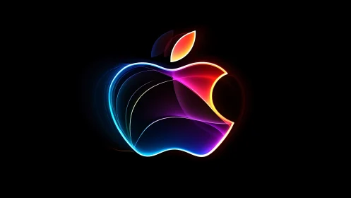 Multicolor luminous apple-shaped logo on black background.