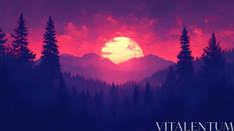 Neon gradient alpine sunset behind silhouetted conifer forest