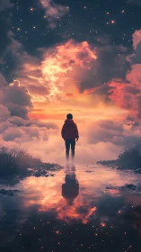 Stargazing wanderer stitches twilight clouds into mirrors