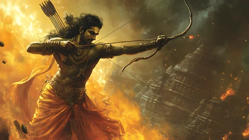 Heroic archer stands firm in swirling fire and stormy sky.