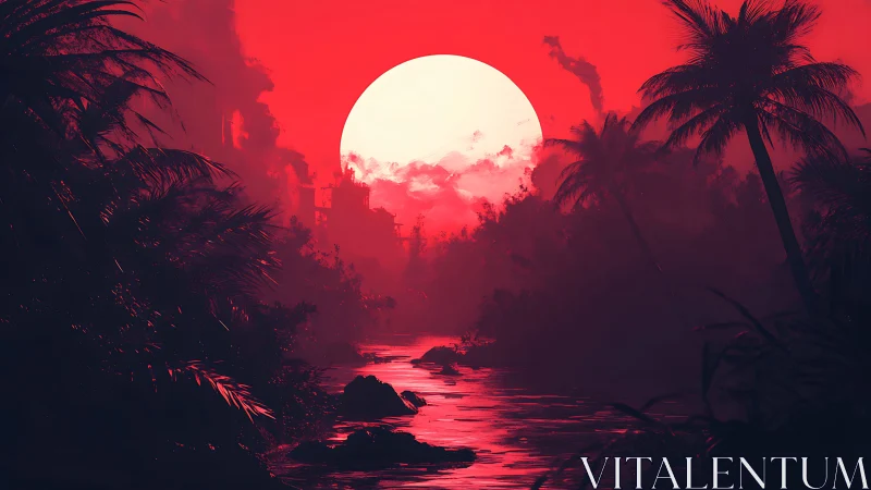 Crimson tropical river glows beneath an oversized synthetic sun